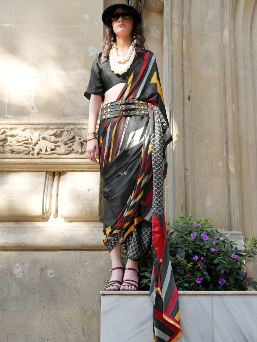 Black Multicolor Satin Saree with Geometric Print | French Finish Party Wear Saree