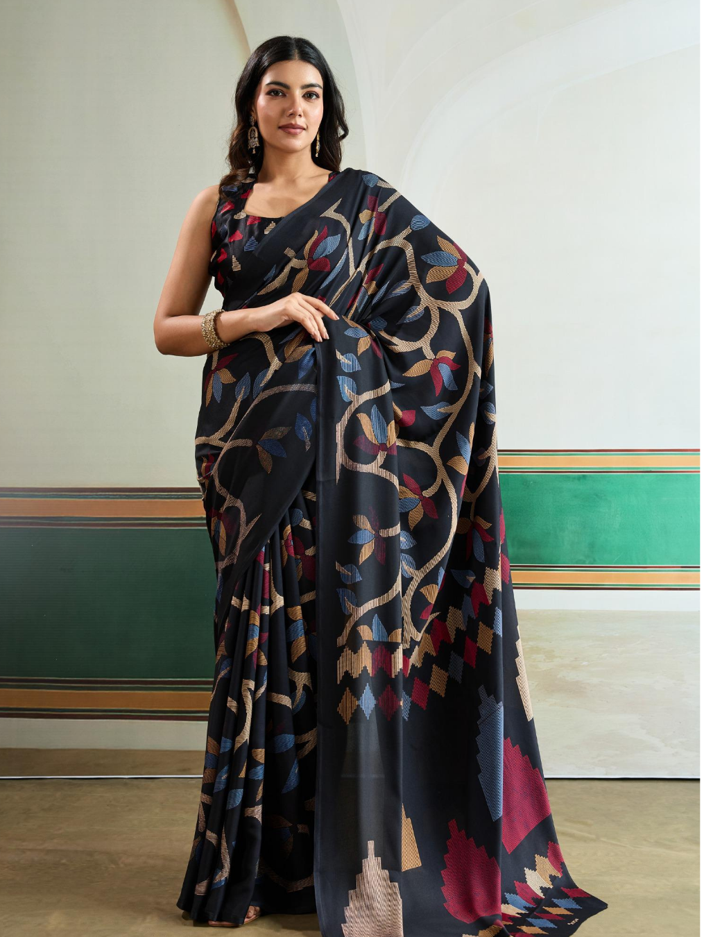 Black Satin Silk Saree with Ajrakh Print & Geometric Design | Designer Casual & Party Wear