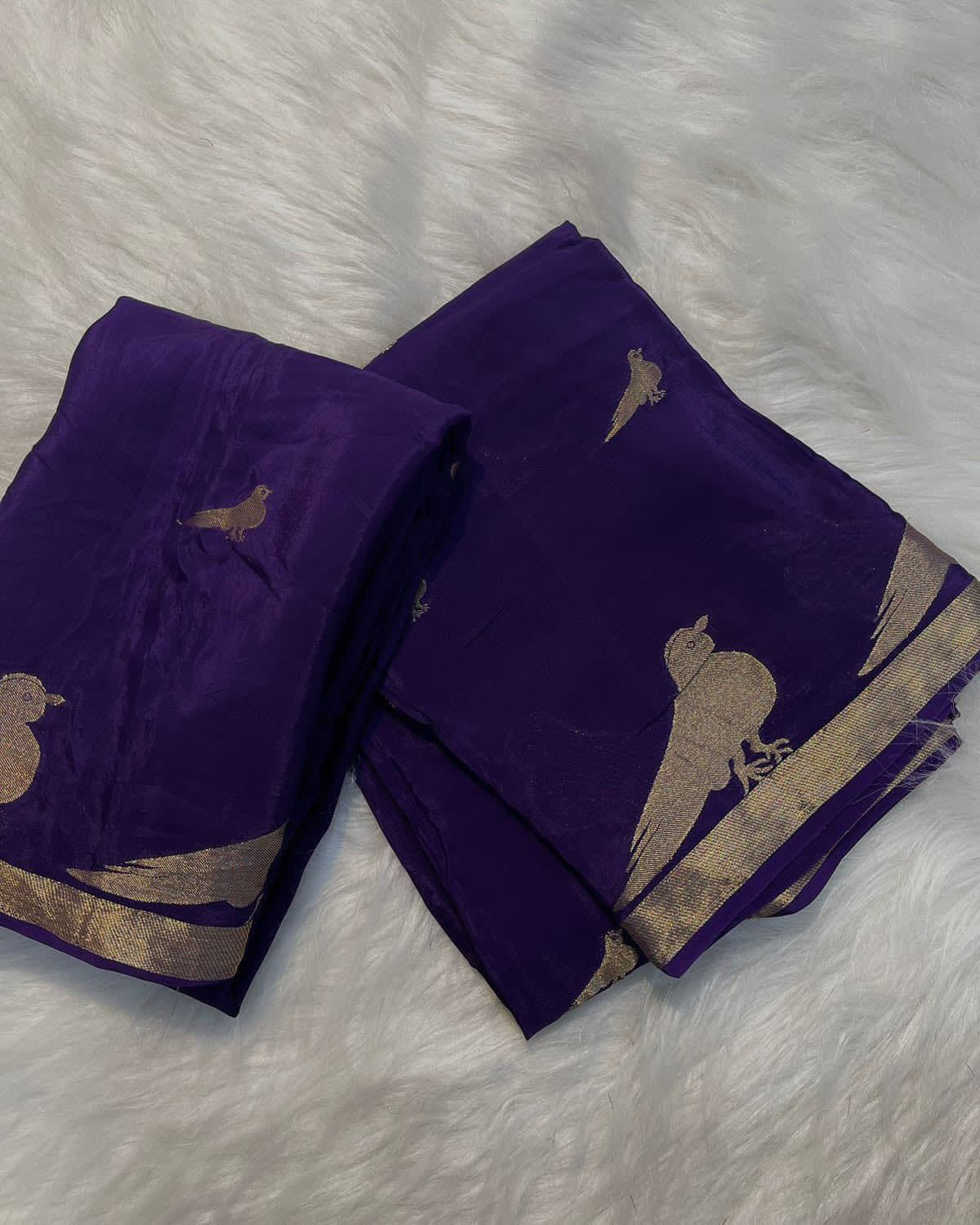 Purple Silk Saree with Gold Bird Motif Weaving | Traditional Handloom Style Saree
