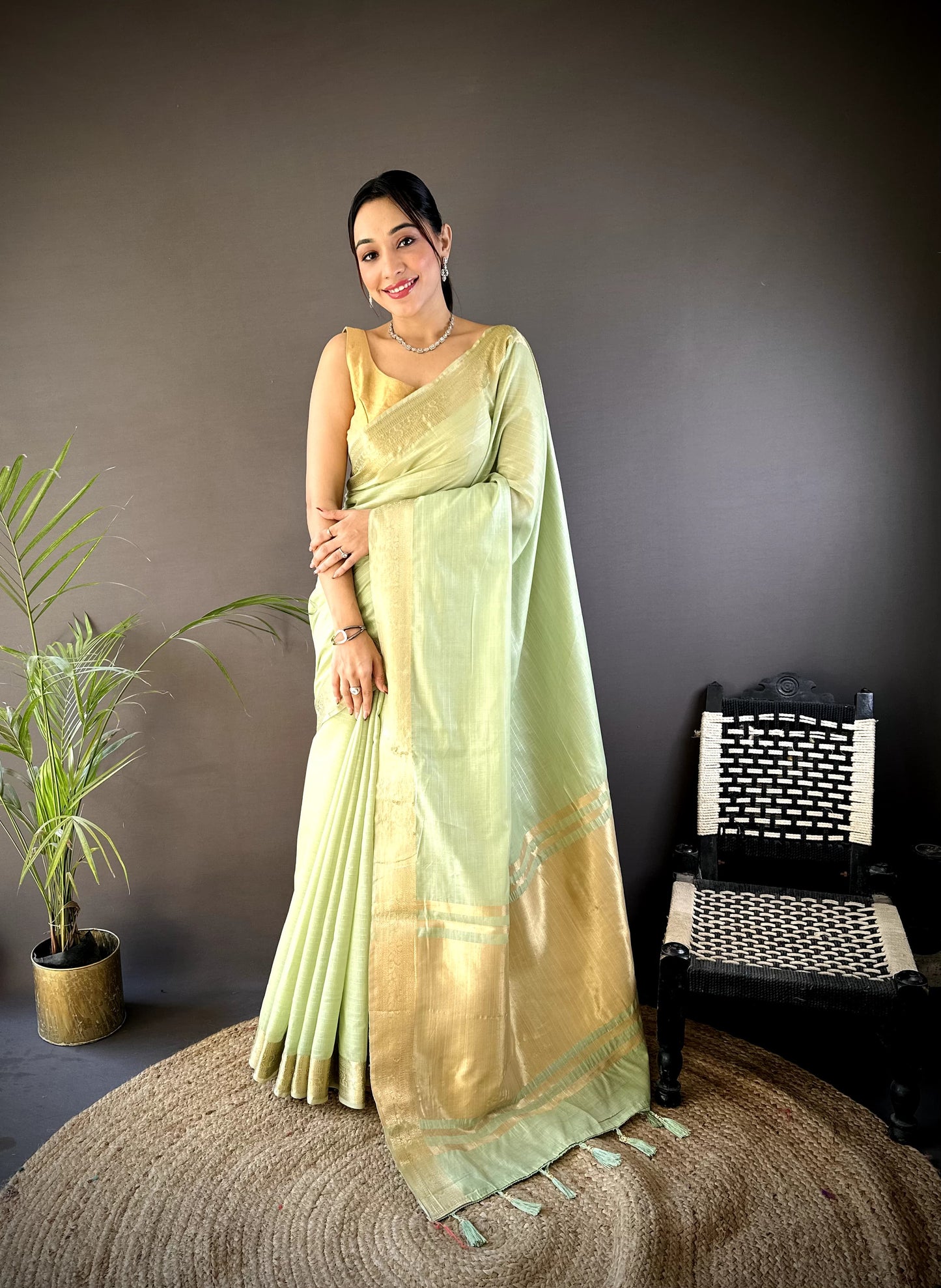 Pastel Green Zari Cotton Saree with Gold Border | Elegant Festive & Party Wear Saree