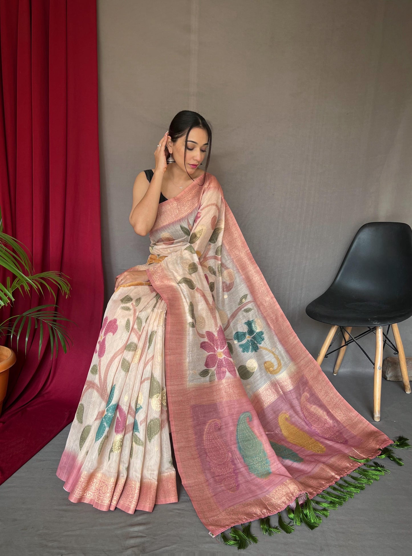 Ivory Chanderi Silk Saree with Multicolor Floral Print & Paisley Pallu | Festive & Party Wear Saree