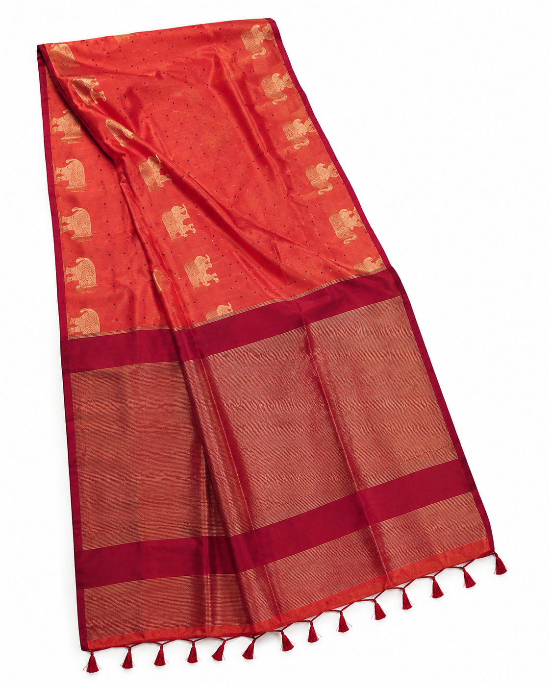Coral Orange Raw Silk Saree with Gold Elephant Motif Border | Traditional Festive Wear Saree