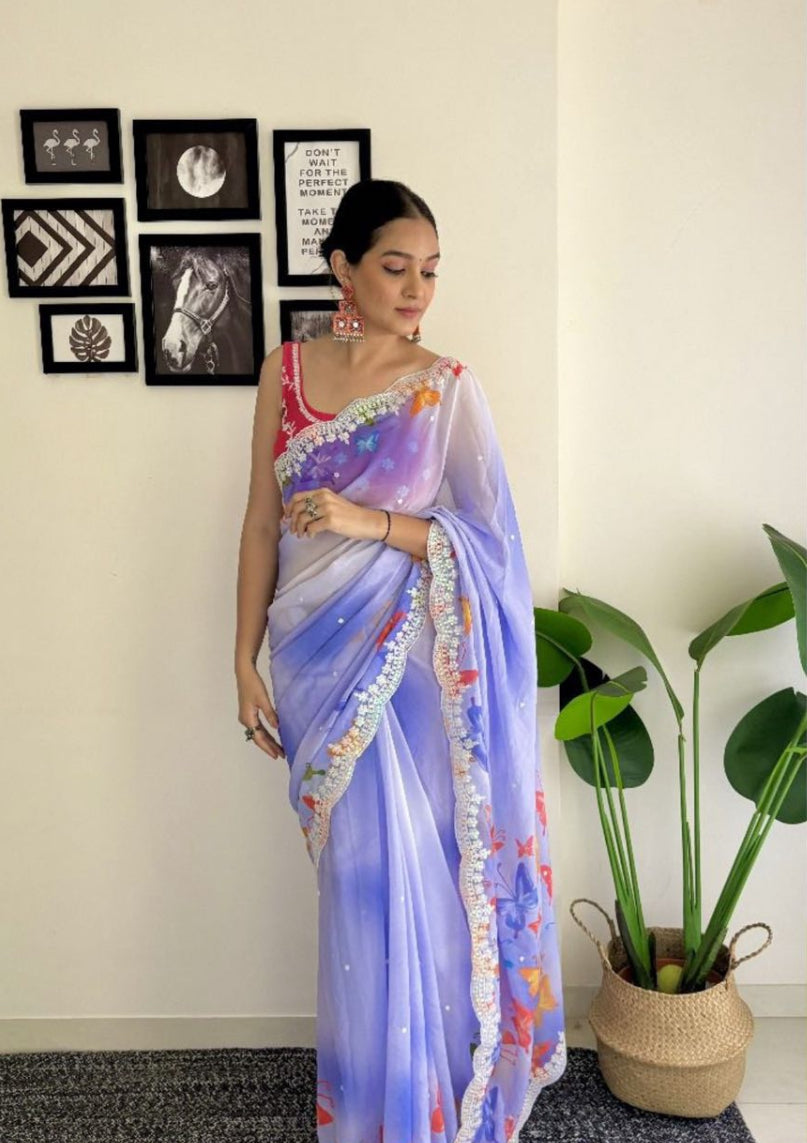 Lavender Georgette Saree with Butterfly Print & Lace Border | Designer Party Wear Saree