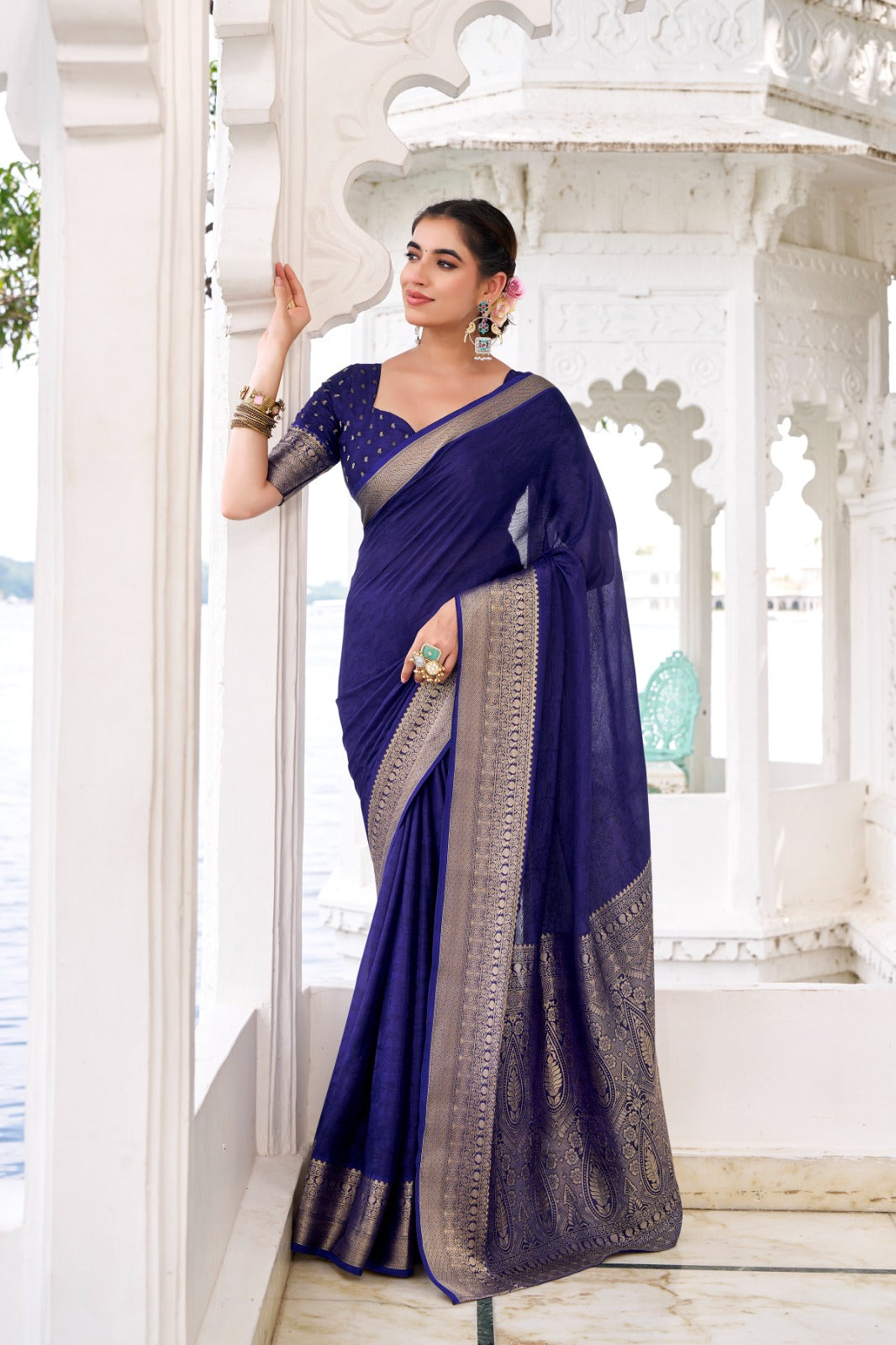 Deep Purple Chinnon Silk Saree with Gold Zari Border | Elegant Party & Festive Wear