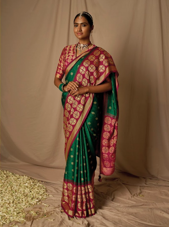 Emerald and Ruby Latkan Embellished Soft Brasso Silk Saree with Traditional Handcrafted Elegance