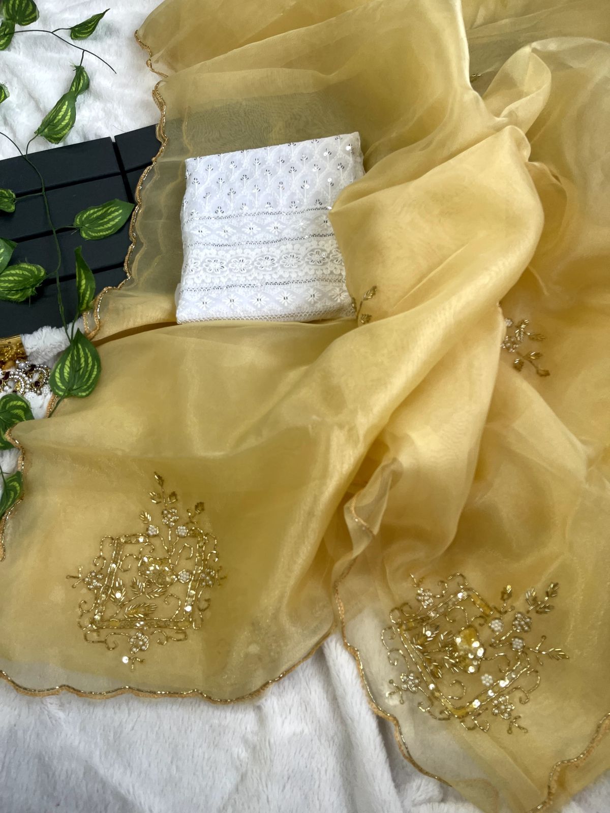 Flowy Organza Silk Saree with Hand-Embellished Sequin Cutdana and Aarco Detailing and Embroidered Blouse Piece