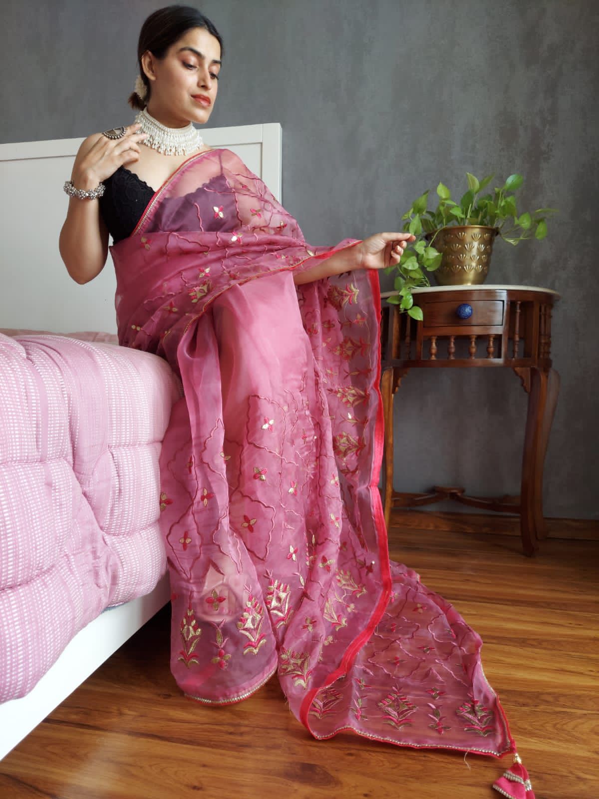 Dusty Rose Organza Silk Saree with Foil Thread Work and Fancy Piping