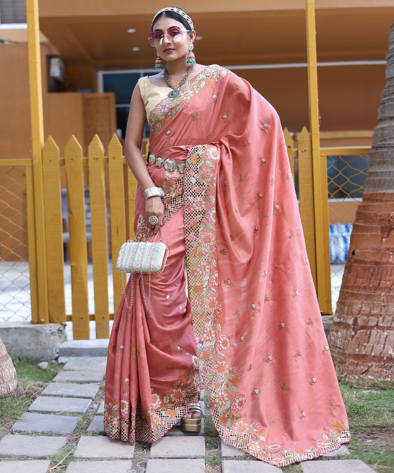 Apricot Blush Muga Silk Saree with Contrasting Embroidery and Exquisite Cutwork Border