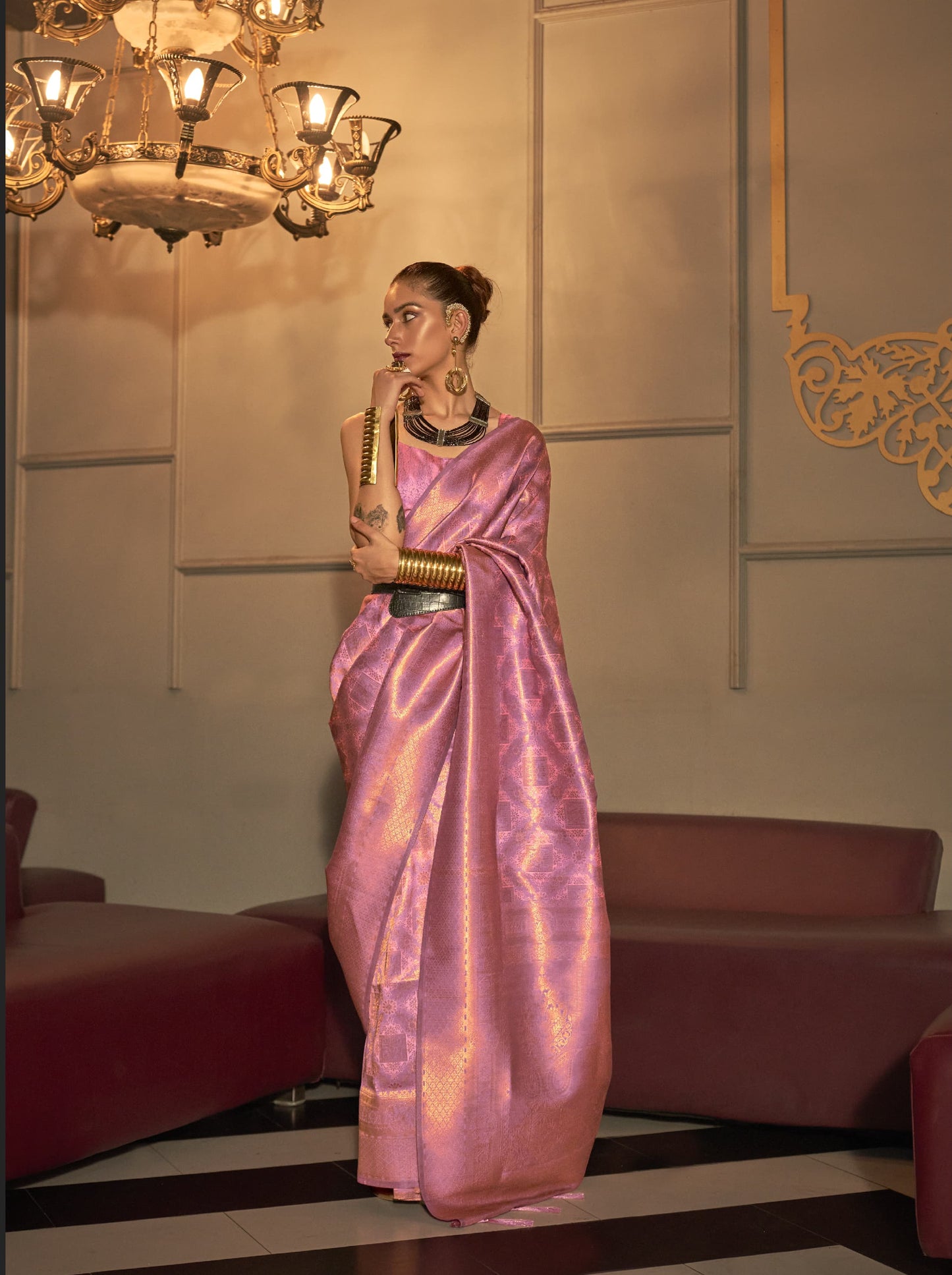 Pink & Gold Two-Tone Handloom Silk Saree with Geometric Weave | Wedding & Party Wear Saree