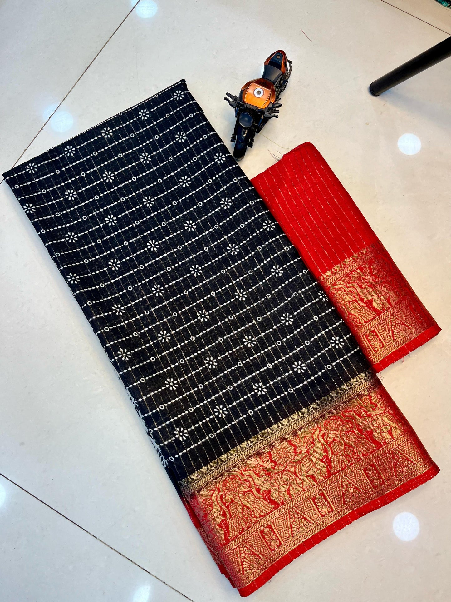 Black Dola Silk Saree with Red Contrast Gold Zari Border | Traditional Festive Wear Saree