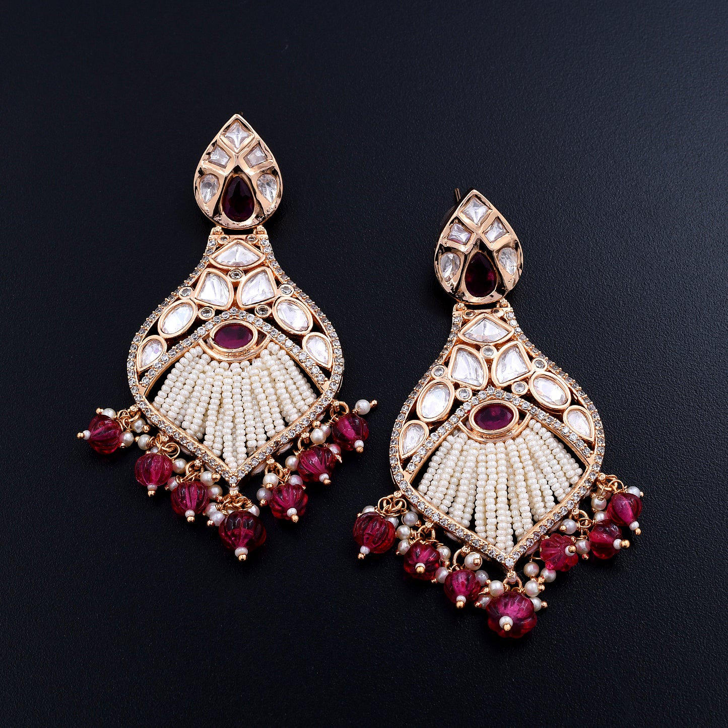 Vaanya | Ruby Red Polki Earrings with Pearl Accents and Beadwork Artistry for the Culturally Sophisticated