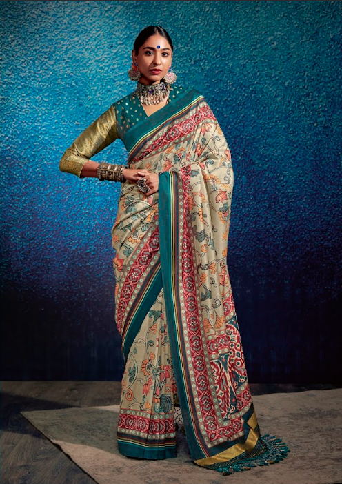 Beige Tusser Silk Saree with Teal Coral Kalamkari Print and Traditional Patola Pallu