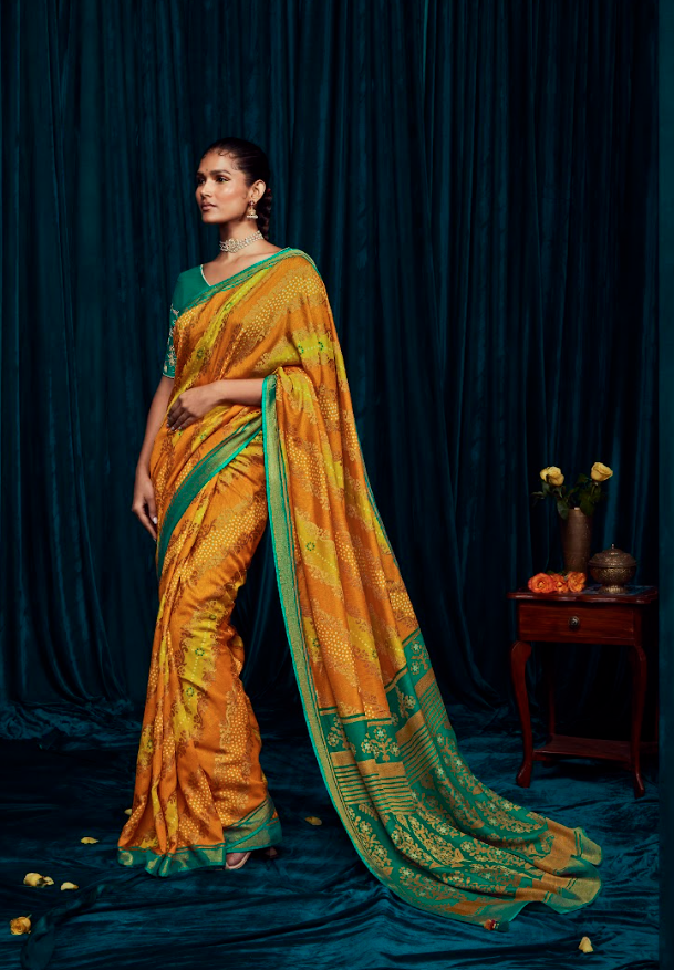 Golden Yellow Teal Brasso Silk Saree with Verdant Green and Vibrant Orange Patterns and Designer Work Blouse