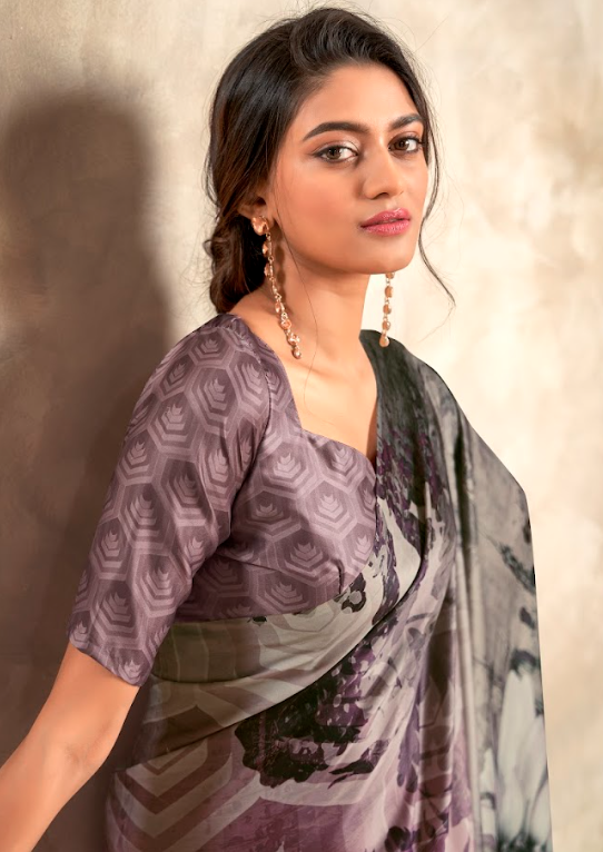 Mauve to Eggplant Ombre Sattin Silk Saree with Charcoal Edge and Green Embroidered Unstitched Blouse