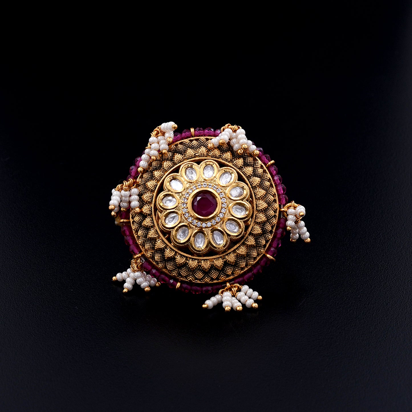 Vihaan | Ruby Red and Ivory Beaded Polki Ring with Regal Charm and Heritage-Rich Craftsmanship
