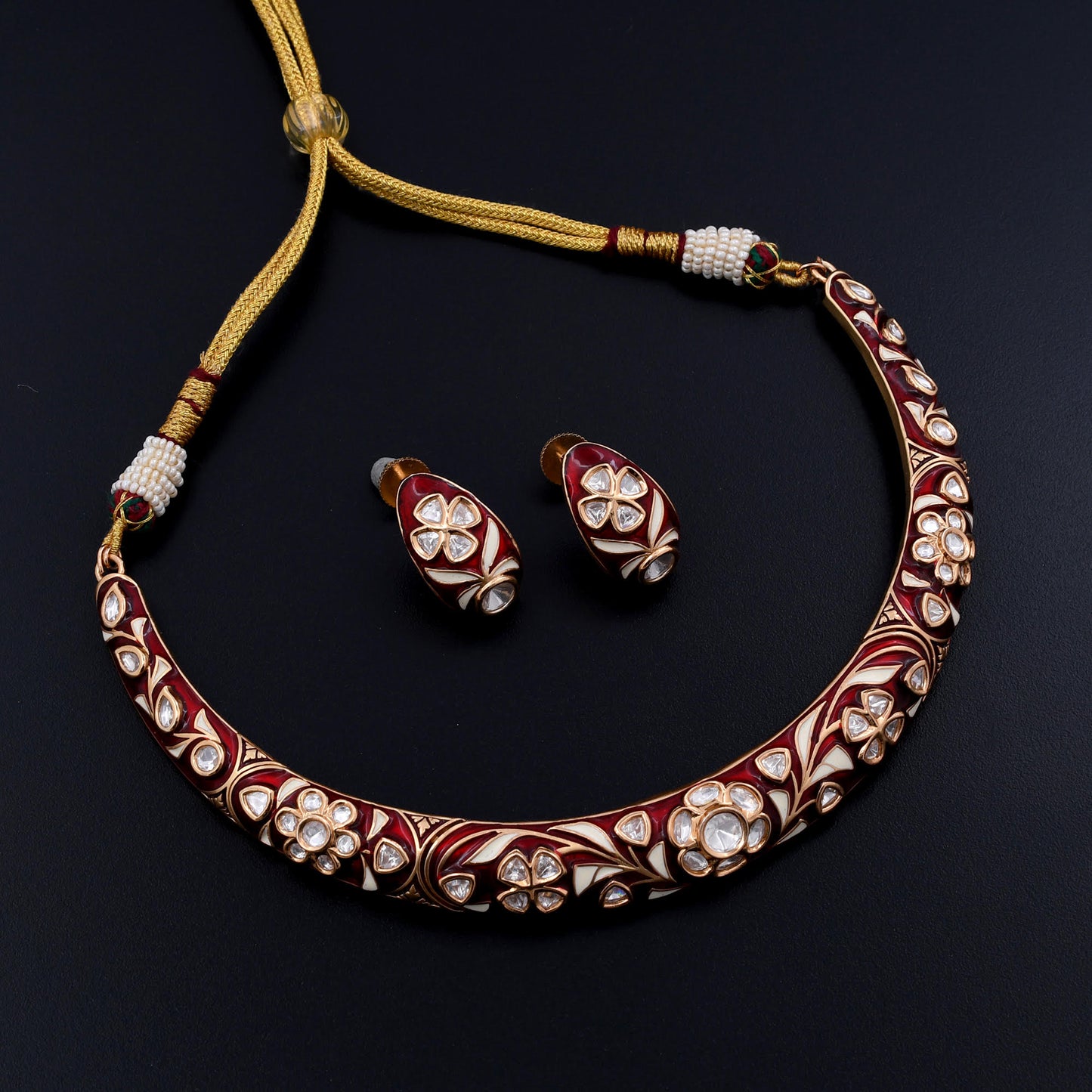 Aditi | Ruby Red & White Meenakari Choker Set with Polki Work, an Alluring Rajasthani Heirloom for the Discerning Jewelry Connoisseur