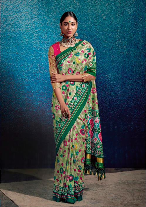 Spring Green Tussar Silk Saree with Kalamkari and Patola Print, Fuchsia Border, and Emerald Mustard Accents