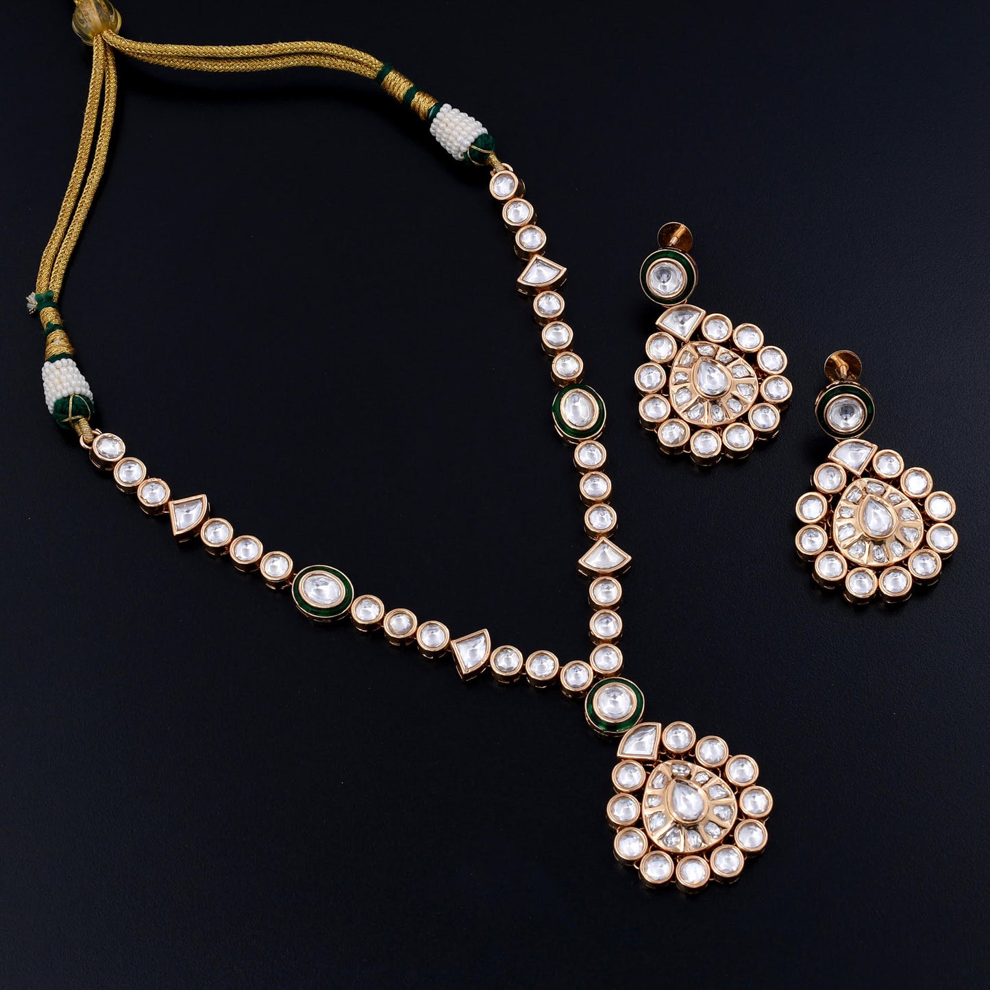 Kavya | Emerald Green & White Polki Necklace with Earrings Set, an Alluring Testament to Timeless Elegance and Cultural Artistry