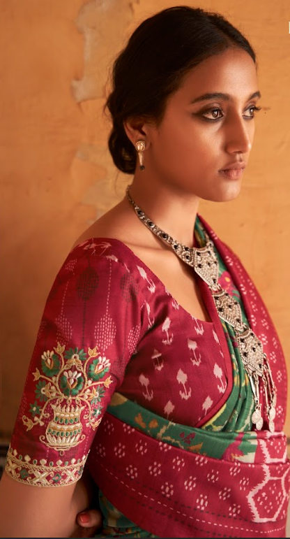 Forest Green Tusser Silk Saree with Maroon and Gold Patterns and Opulent Maroon Silk Blouse