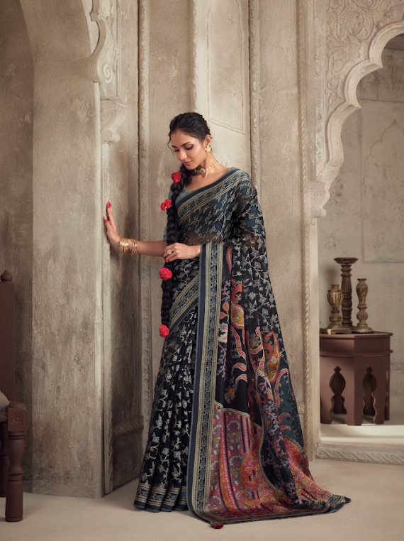 Elegant Onyx Brasso Saree with Designer Blouse in Enchanting Blue Pink and Grey Tones Reflecting Artisanal Heritage