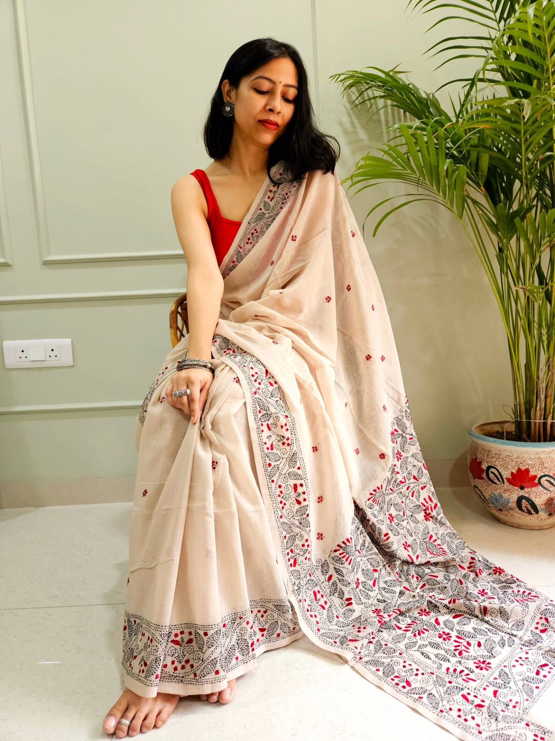 Ivory Chanderi Cotton Saree with Kantha Print & Floral Border | Casual & Festive Wear Saree