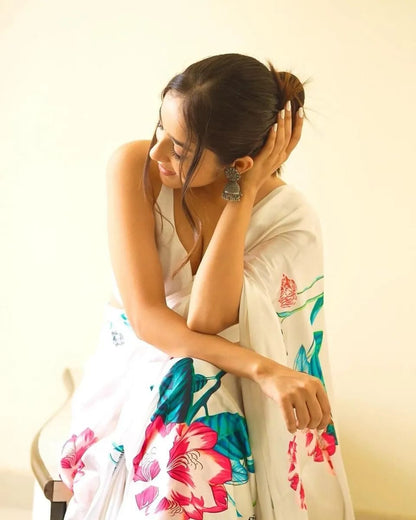 Vibrant Satin Silk Saree with Enchanting Floral Digital Print
