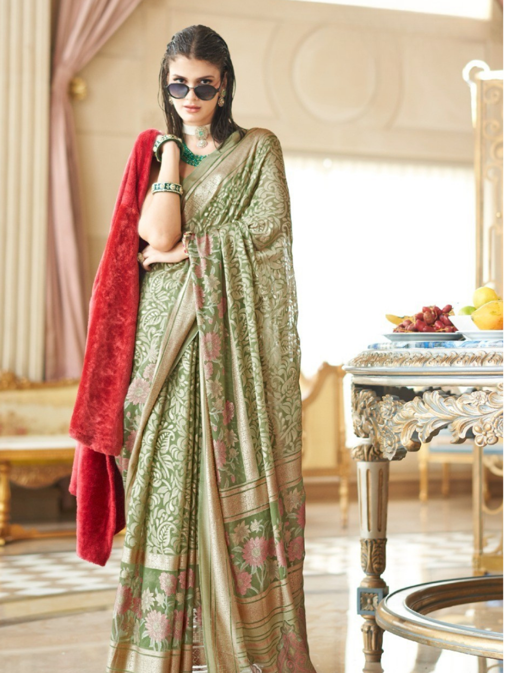 Sage Green PV Silk Saree with Gold Foil Print & Floral Design | Designer Party Wear