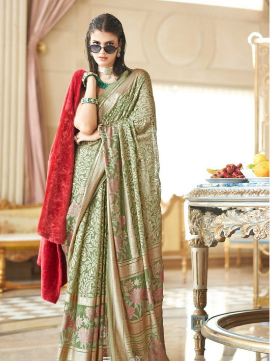 Sage Green PV Silk Saree with Gold Foil Print & Floral Design | Designer Party Wear
