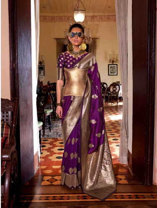 Purple & Gold Two-Tone Handloom Silk Saree with Brocade Weaving