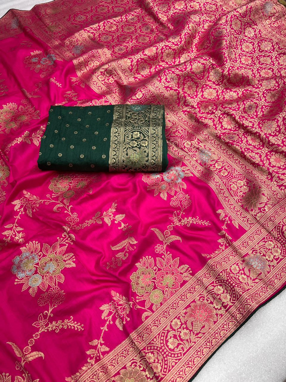 Rani Pink Dola Silk Saree with Gold Zari Floral Weave | Wedding & Festive Wear Saree
