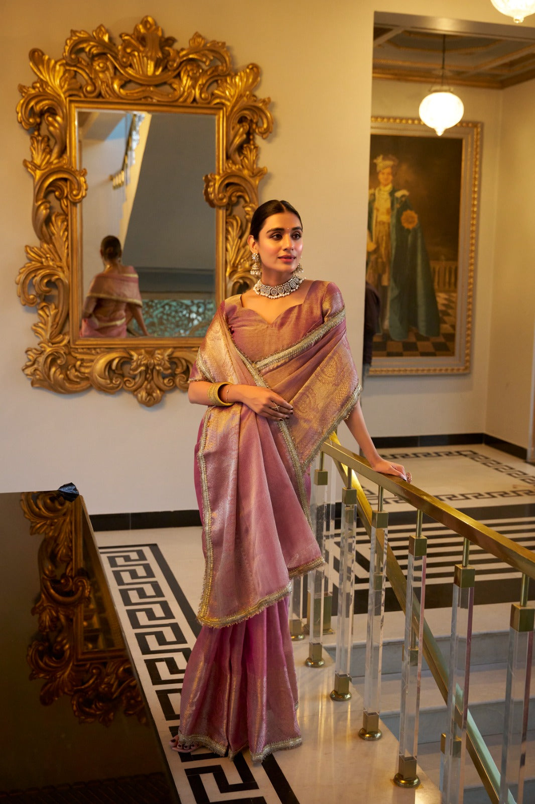 Blush Pink Shimmer Silk Saree with Gold Border | Party & Festive Wear
