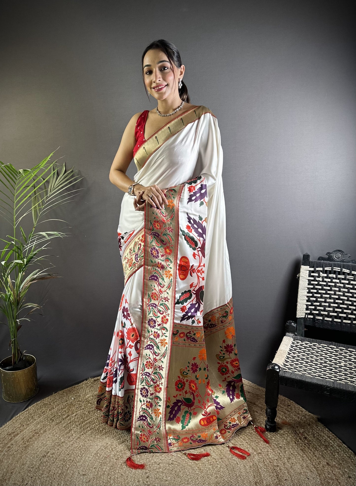 Ivory White Paithani Silk Saree with Multicolor Peacock & Floral Border | Traditional Wedding Wear
