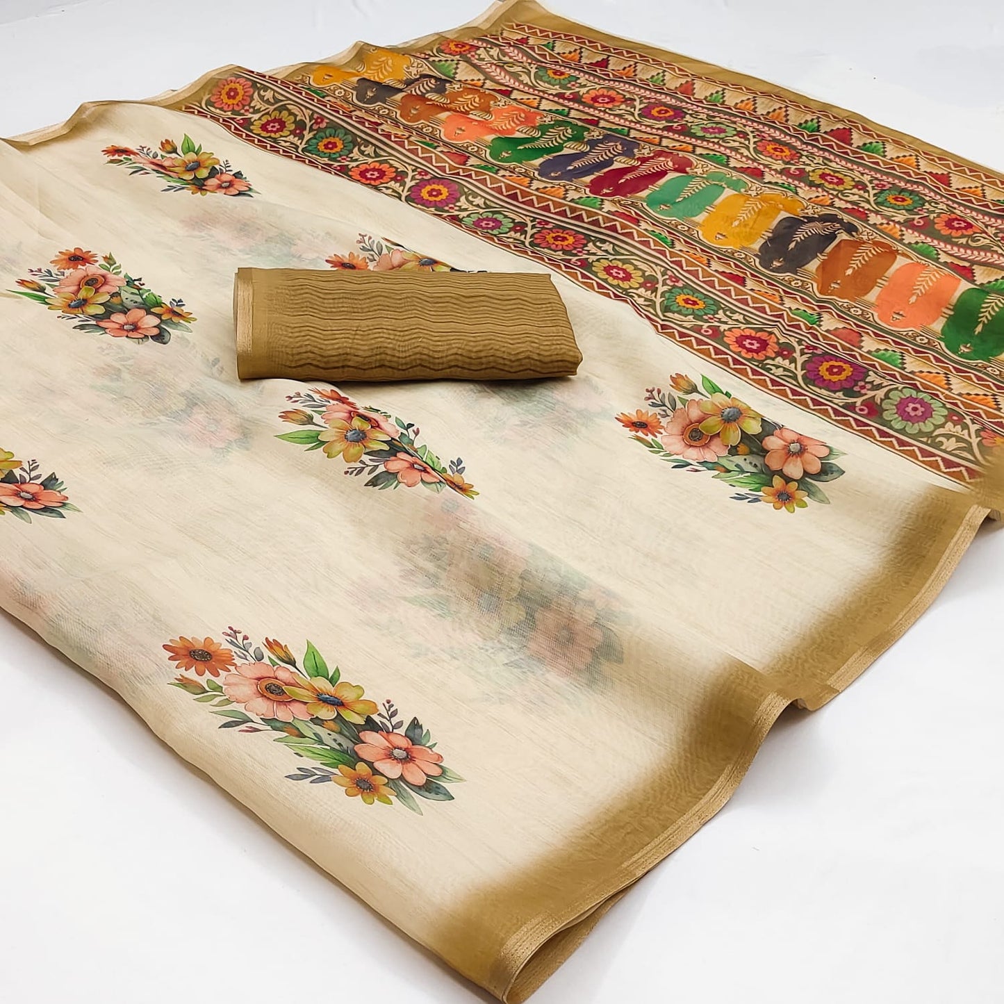 Cream Chanderi Linen Saree with Floral Print & Kutch Border | Casual & Festive Wear Saree