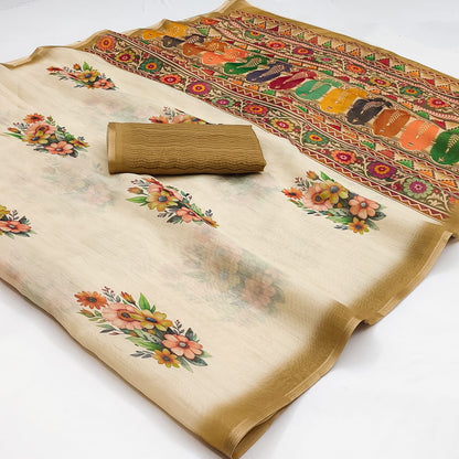 Cream Chanderi Linen Saree with Floral Print & Kutch Border | Casual & Festive Wear Saree