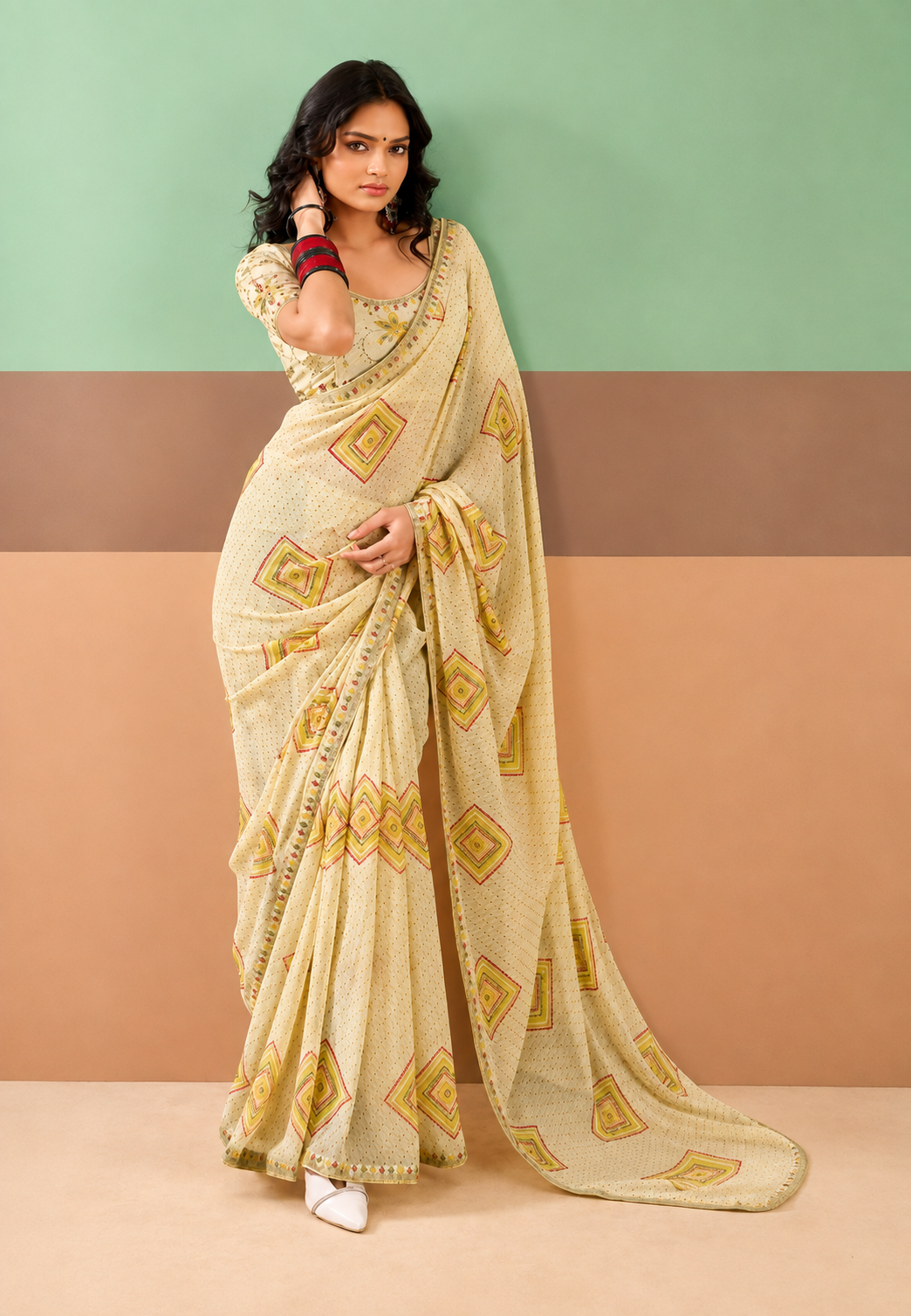 Ivory Georgette Saree with Batik Print & Diamond Motifs | Casual & Festive Wear Saree