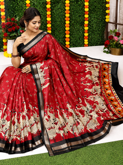 Red Linen Saree with Crane Bird Print & Contrast Border | Casual & Festive Wear Saree