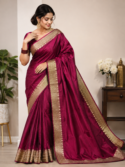 Magenta Banarasi Silk Saree with Gold Sequin Border | Wedding & Festive Wear Saree