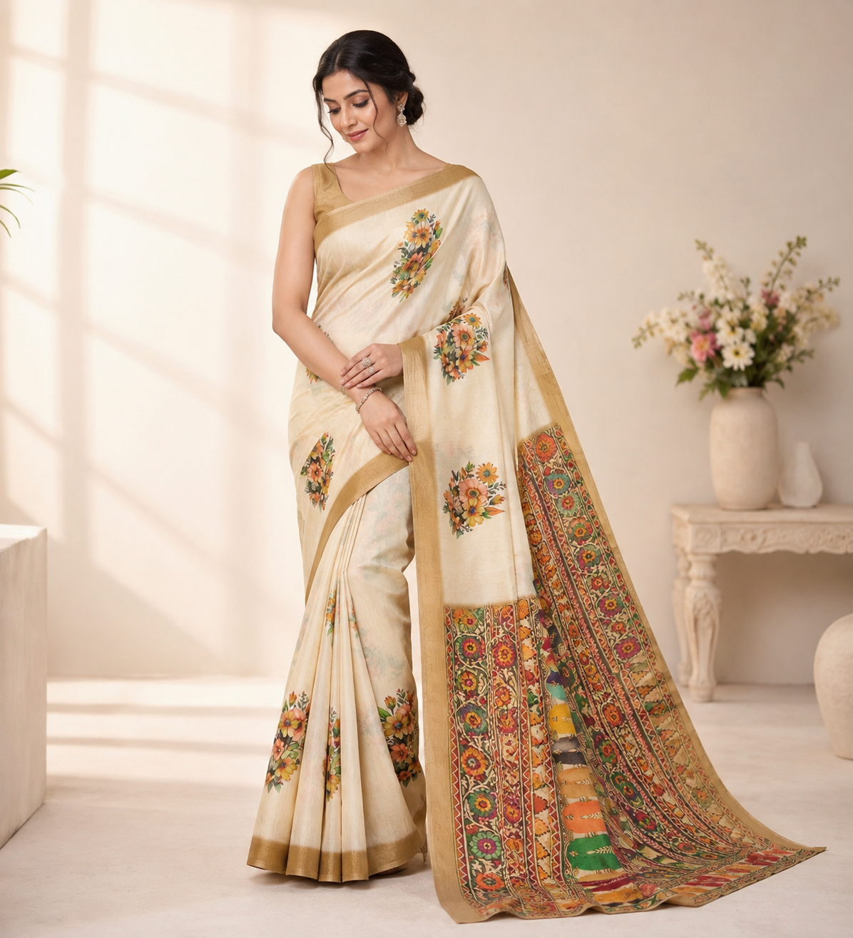 Cream Chanderi Linen Saree with Floral Print & Kutch Border | Casual & Festive Wear Saree