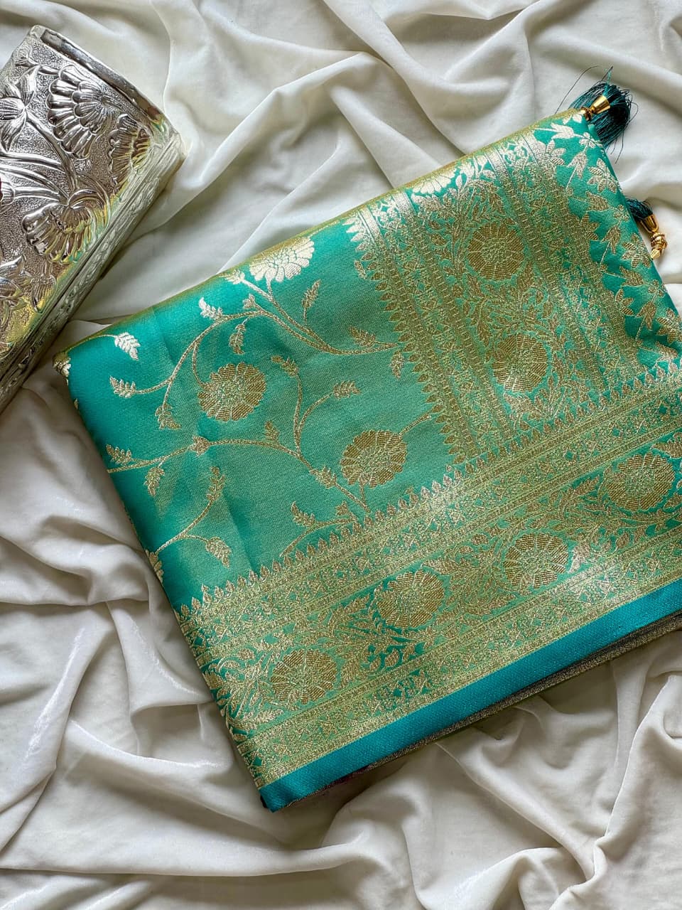 Sea Green Banarasi Satin Silk Saree with Gold Zari Weaving | Traditional Indian Wedding & Festive Wear