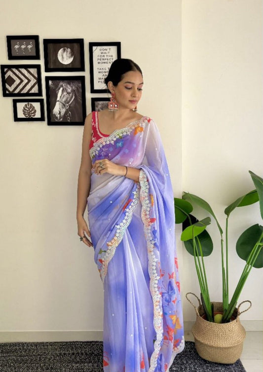 Lavender Georgette Saree with Butterfly Print & Lace Border | Designer Party Wear Saree