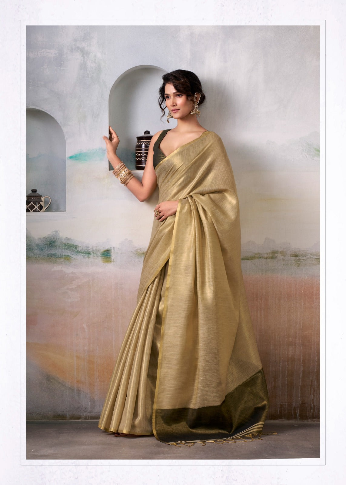 Golden Beige Tissue Silk Saree with Contrast Green Border | Elegant Party Wear
