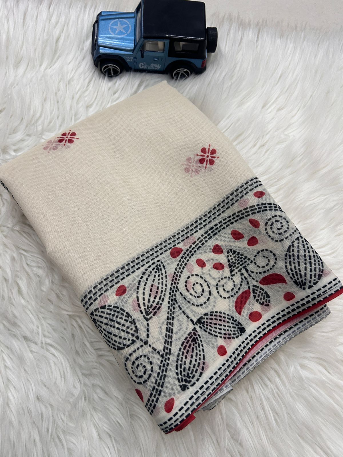 Ivory Chanderi Cotton Saree with Kantha Print & Floral Border | Casual & Festive Wear Saree