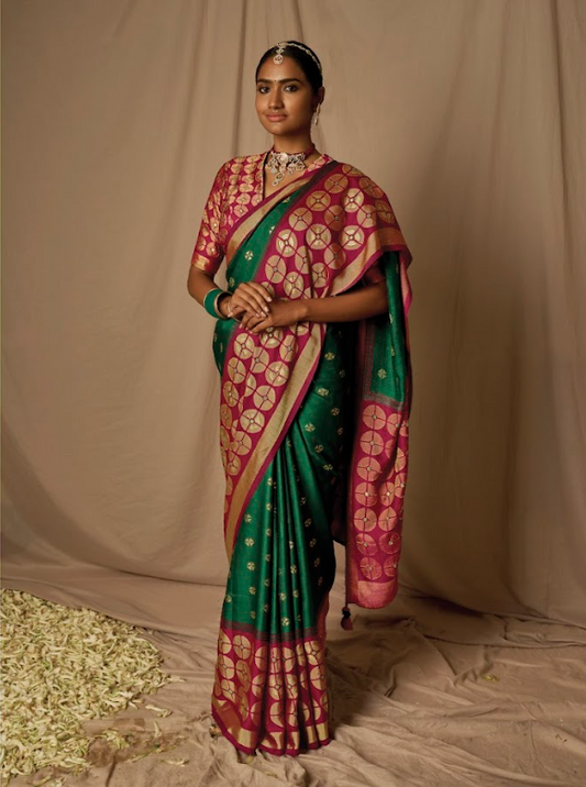 Emerald and Ruby Latkan Embellished Soft Brasso Silk Saree with Traditional Handcrafted Elegance