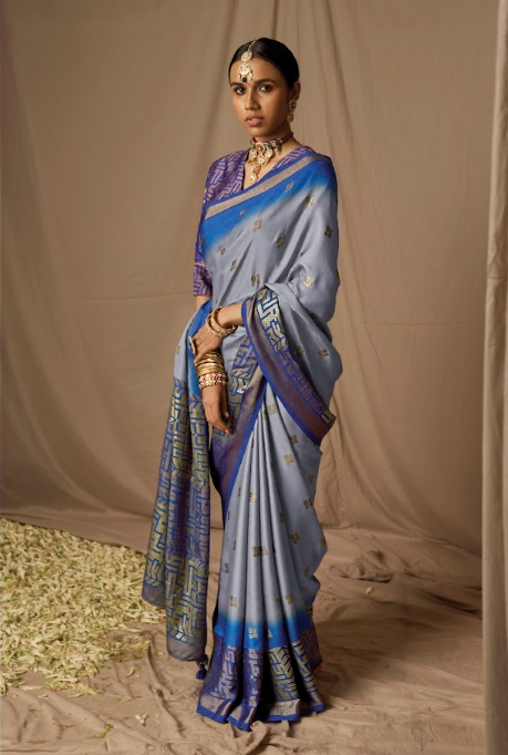 Sapphire Gold Handcrafted Brasso Silk Saree with Traditional Latkan Detailing