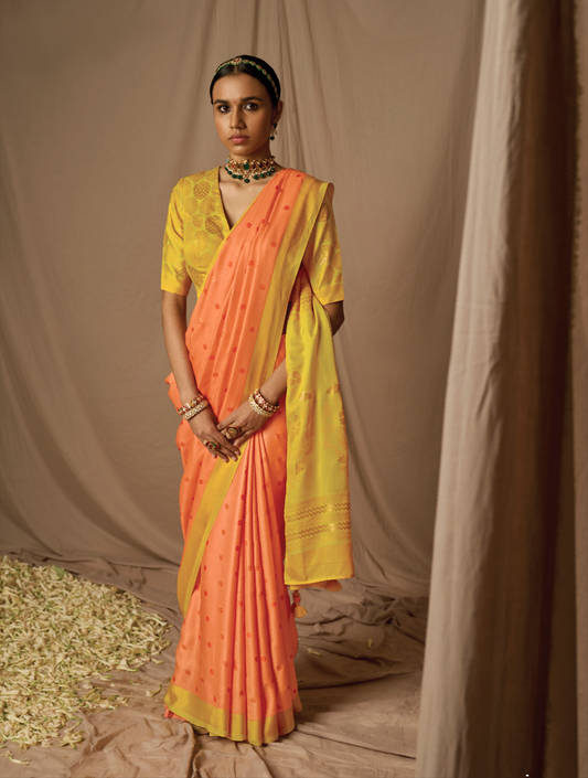 Sunset Orange and Daffodil Yellow Soft Brasso Silk Saree with Traditional Latkans and Handcrafted Heritage Weave