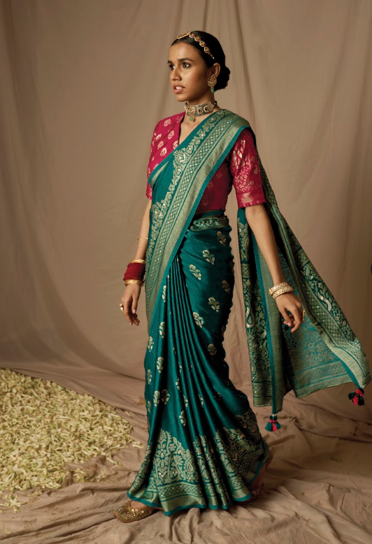 Teal Treasure Brasso Silk Saree with Burgundy Blouse and Traditional Latkans for Cultural Elegance