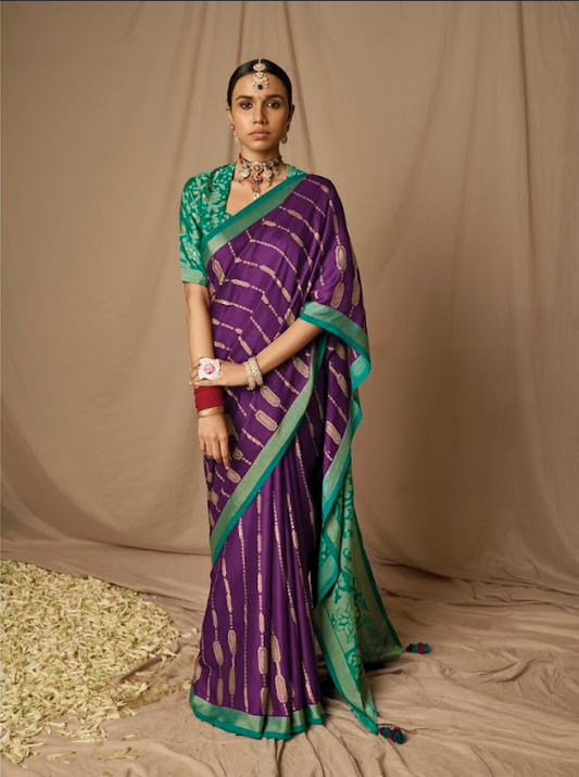 Royal Purple Brasso Silk Saree with Jade Garden Motifs and Handcrafted Latkan Embellishments