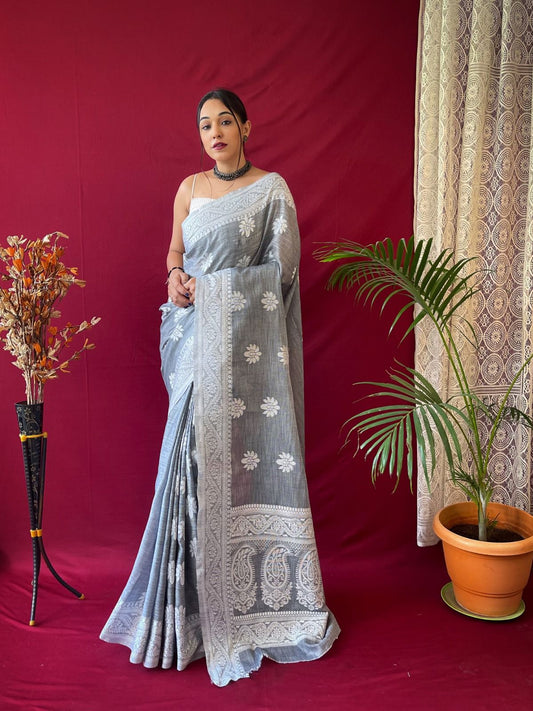 Linen Silk Saree with Traditional Butti Chikankari Weave and Paisley Motif Pallu