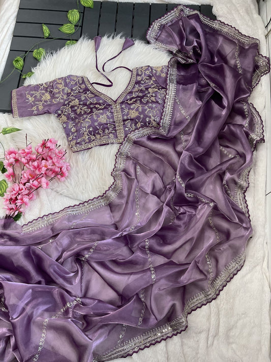 Traditional Elegance Sequin-Embroidered Pure Soft Silk Saree with Matching Stitched Blouse