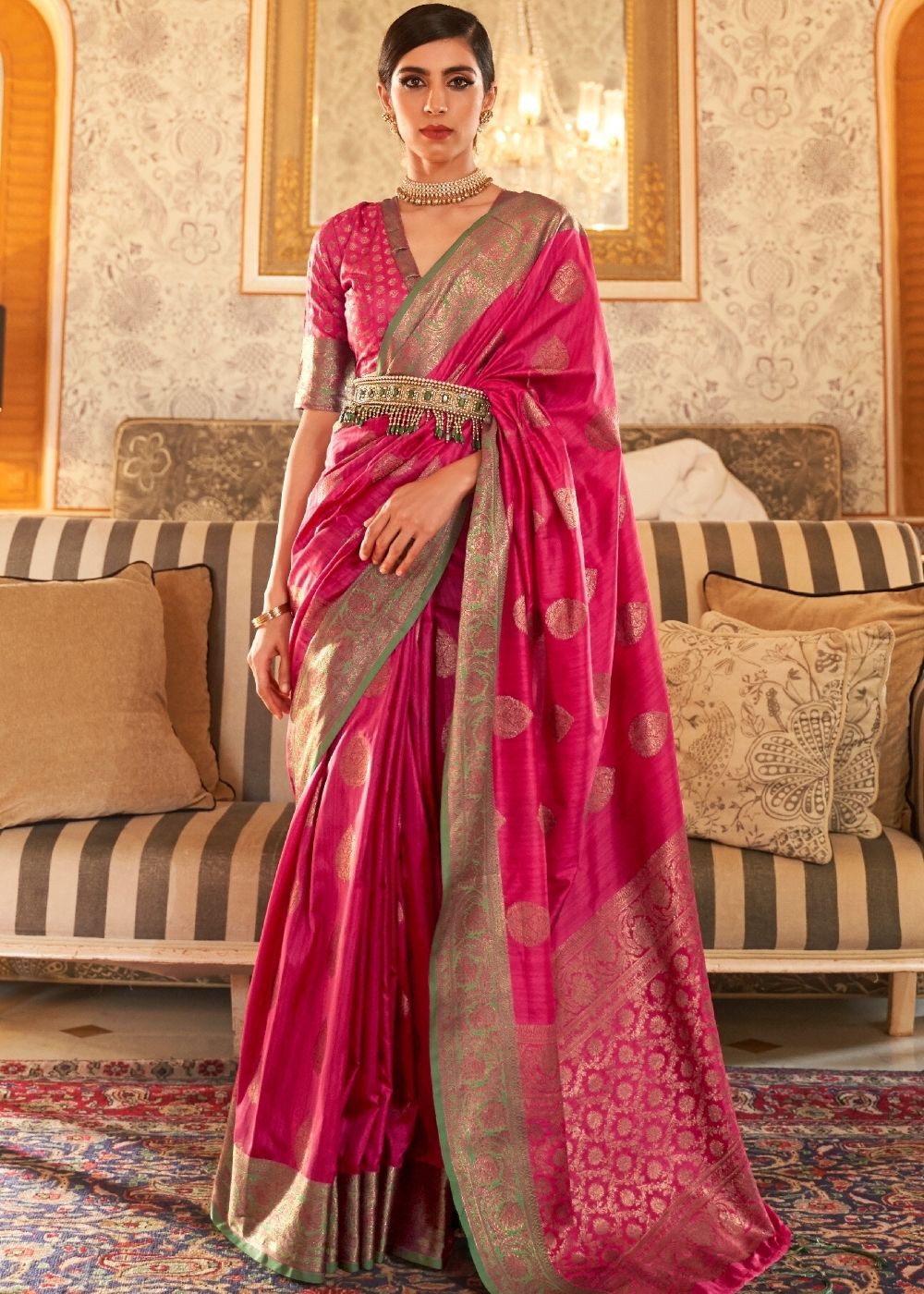 Hot Pink Banarsi Tussar Silk Saree with Zari Weave and Contrast Border